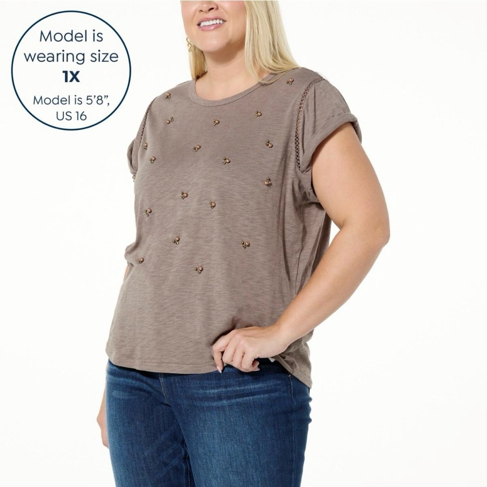 Democracy Brown Embellished Jewel/Pearl Roll Cuff Cap Short Sleeve Knit Top